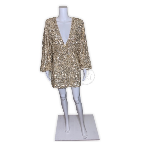 NWT RETROFÊTE Aubrielle sequined gold mini dress - Picture 3 of 11